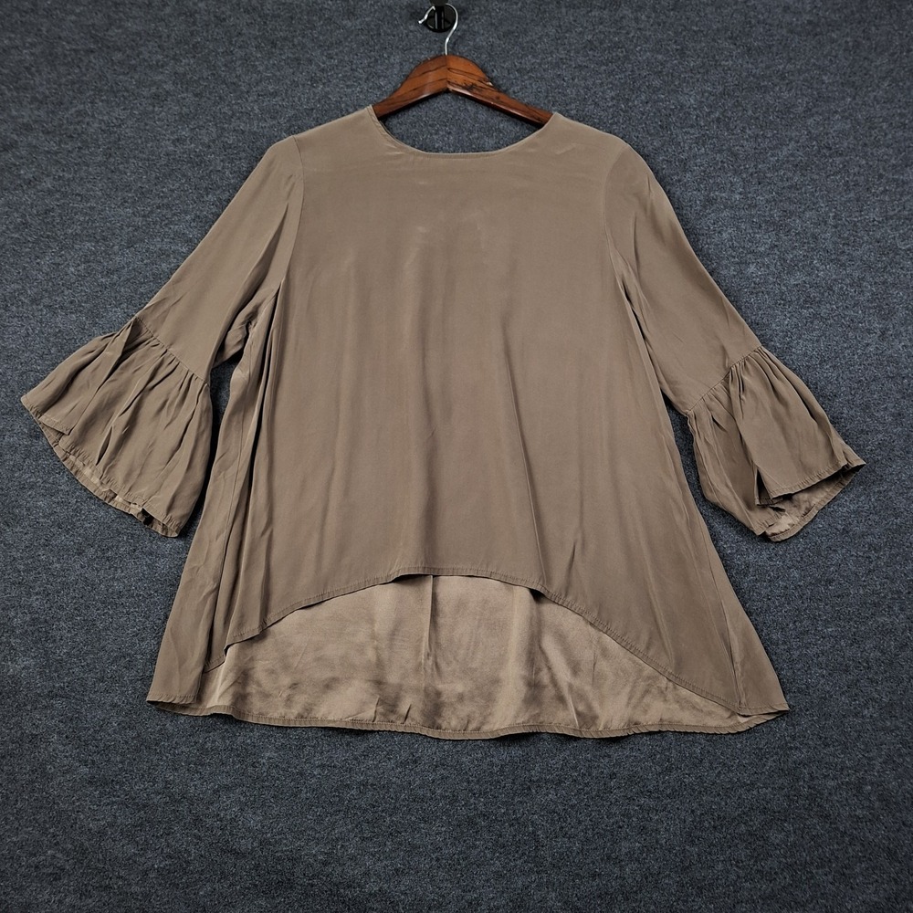 LaRoque Original Silk Blouse Top Womens OS XL Brown High Low Bell Sleeve V-Neck
